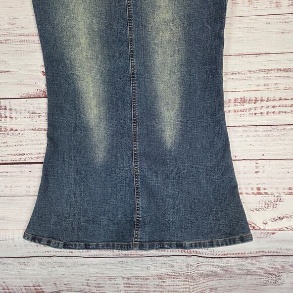 Y2K Mermaid Trumpet Flare Denim Maxi Skirt 5/6 Med Blue Stretch Jean Retro Fade - Picture 6 of 13